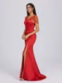 Sheath V-neck Short Sleeves Sweep Train Satin Bridesmaid Dress