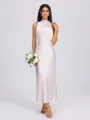 Sheath Halter Pleated Ankle-Length Silk Like Satin Bridesmaid Dress