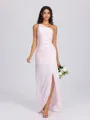 Sheath One-Shoulder Pleated Floor-Length Silk Like Satin Bridesmaid Dress