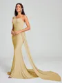 Sheath/Column One-Shoulder Sweep/Brush Train Sleeveless Jersey Bridesmaid Dress