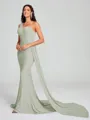 Sheath/Column One-Shoulder Sweep/Brush Train Sleeveless Jersey Bridesmaid Dress