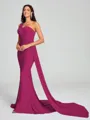 Sheath/Column One-Shoulder Sweep/Brush Train Sleeveless Jersey Bridesmaid Dress