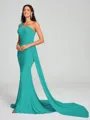 Sheath/Column One-Shoulder Sweep/Brush Train Sleeveless Jersey Bridesmaid Dress