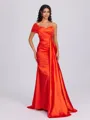 Sheath One-Shoulder Pleated Sweep Train Silk Like Satin Bridesmaid Dress