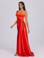 Sheath One-Shoulder Pleated Sweep Train Silk Like Satin Bridesmaid Dress