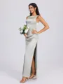 Sheath Scoop Pleated Floor-Length Silk Like Satin Bridesmaid Dress