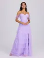 A-line Off-the-Shoulder Cascading Ruffles Floor-Length Tulle Corset Bridesmaid Dress