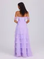A-line Off-the-Shoulder Cascading Ruffles Floor-Length Tulle Corset Bridesmaid Dress