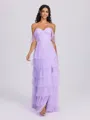 A-line Off-the-Shoulder Cascading Ruffles Floor-Length Tulle Corset Bridesmaid Dress