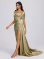 Sheath Off-the-Shoulder Pleated Court Train Silk Like Satin Bridesmaid Dress