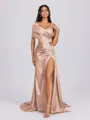 Sheath Off-the-Shoulder Pleated Court Train Silk Like Satin Bridesmaid Dress