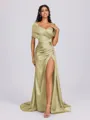 Sheath Off-the-Shoulder Pleated Court Train Silk Like Satin Bridesmaid Dress