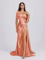 Sheath Off-the-Shoulder Pleated Court Train Silk Like Satin Bridesmaid Dress