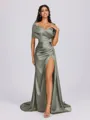 Sheath Off-the-Shoulder Pleated Court Train Silk Like Satin Bridesmaid Dress
