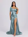 Sheath Off-the-Shoulder Pleated Court Train Silk Like Satin Bridesmaid Dress