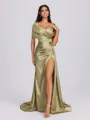 Sheath Off-the-Shoulder Pleated Court Train Silk Like Satin Bridesmaid Dress