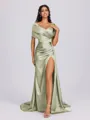 Sheath Off-the-Shoulder Pleated Court Train Silk Like Satin Bridesmaid Dress