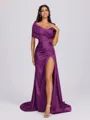 Sheath Off-the-Shoulder Pleated Court Train Silk Like Satin Bridesmaid Dress