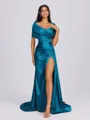 Sheath Off-the-Shoulder Pleated Court Train Silk Like Satin Bridesmaid Dress