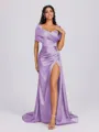 Sheath Off-the-Shoulder Pleated Court Train Silk Like Satin Bridesmaid Dress