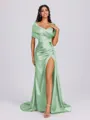 Sheath Off-the-Shoulder Pleated Court Train Silk Like Satin Bridesmaid Dress