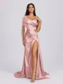 Sheath Off-the-Shoulder Pleated Court Train Silk Like Satin Bridesmaid Dress
