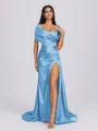 Sheath Off-the-Shoulder Pleated Court Train Silk Like Satin Bridesmaid Dress