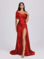 Sheath Off-the-Shoulder Pleated Court Train Silk Like Satin Bridesmaid Dress