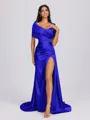 Sheath Off-the-Shoulder Pleated Court Train Silk Like Satin Bridesmaid Dress