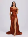 Sheath Off-the-Shoulder Pleated Court Train Silk Like Satin Bridesmaid Dress