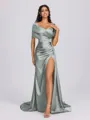 Sheath Off-the-Shoulder Pleated Court Train Silk Like Satin Bridesmaid Dress