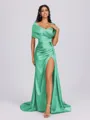 Sheath Off-the-Shoulder Pleated Court Train Silk Like Satin Bridesmaid Dress