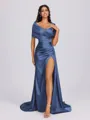 Sheath Off-the-Shoulder Pleated Court Train Silk Like Satin Bridesmaid Dress