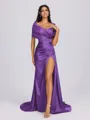 Sheath Off-the-Shoulder Pleated Court Train Silk Like Satin Bridesmaid Dress