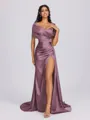 Sheath Off-the-Shoulder Pleated Court Train Silk Like Satin Bridesmaid Dress