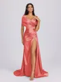 Sheath Off-the-Shoulder Pleated Court Train Silk Like Satin Bridesmaid Dress