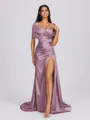 Sheath Off-the-Shoulder Pleated Court Train Silk Like Satin Bridesmaid Dress