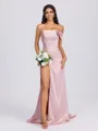 Sheath One-Shoulder Pleated Sweep Train Silk Like Satin Bridesmaid Dress