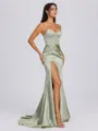 Sheath Sweetheart Pleated Sweep Train Silk Like Satin Corset Bridesmaid Dress