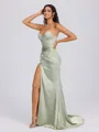 Sheath Sweetheart Pleated Sweep Train Silk Like Satin Corset Bridesmaid Dress