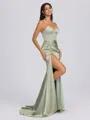 Sheath Sweetheart Pleated Sweep Train Silk Like Satin Corset Bridesmaid Dress
