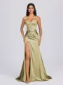 Sheath Sweetheart Pleated Sweep Train Silk Like Satin Corset Bridesmaid Dress