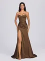 Sheath Sweetheart Pleated Sweep Train Silk Like Satin Corset Bridesmaid Dress