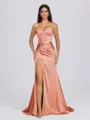 Sheath Sweetheart Pleated Sweep Train Silk Like Satin Corset Bridesmaid Dress