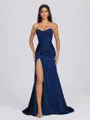 Sheath Sweetheart Pleated Sweep Train Silk Like Satin Corset Bridesmaid Dress