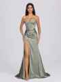 Sheath Sweetheart Pleated Sweep Train Silk Like Satin Corset Bridesmaid Dress
