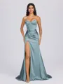 Sheath Sweetheart Pleated Sweep Train Silk Like Satin Corset Bridesmaid Dress