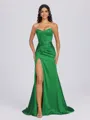 Sheath Sweetheart Pleated Sweep Train Silk Like Satin Corset Bridesmaid Dress