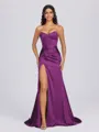Sheath Sweetheart Pleated Sweep Train Silk Like Satin Corset Bridesmaid Dress