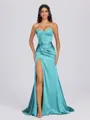 Sheath Sweetheart Pleated Sweep Train Silk Like Satin Corset Bridesmaid Dress